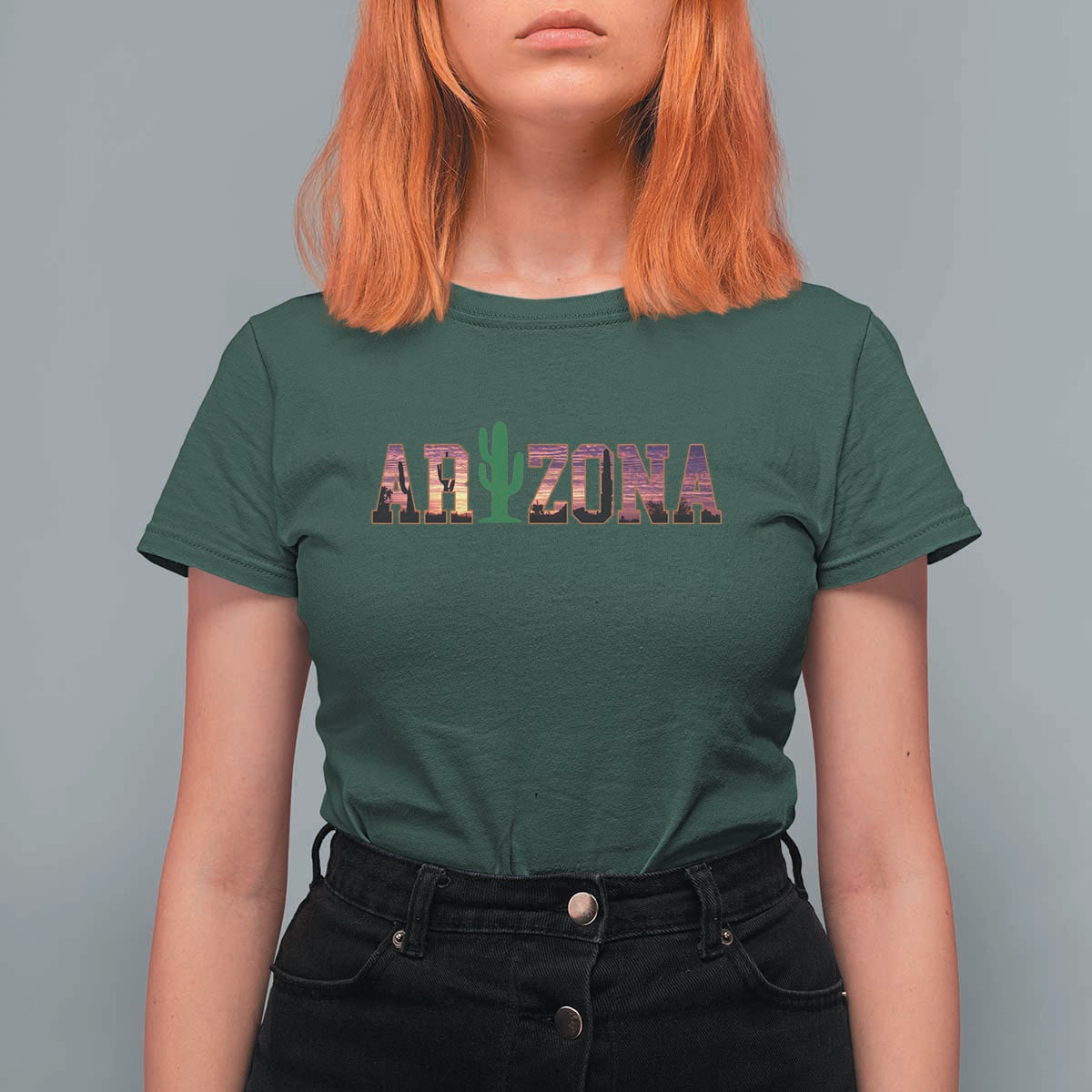 Scenic Arizona Sunset Landscape Graphic T Shirt For Women Southwest Saguaro Cactus Letters Travel Souvenir