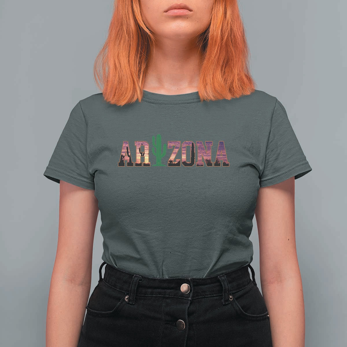 Scenic Arizona Sunset Landscape Graphic T Shirt For Women Southwest Saguaro Cactus Letters Travel Souvenir