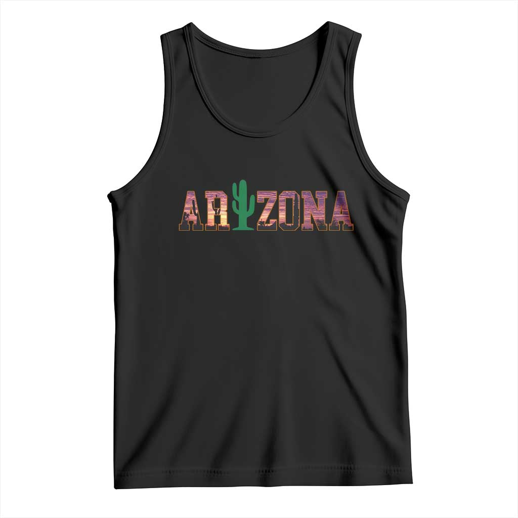 Scenic Arizona Sunset Landscape Graphic Tank Top Southwest Saguaro Cactus Letters Travel Souvenir