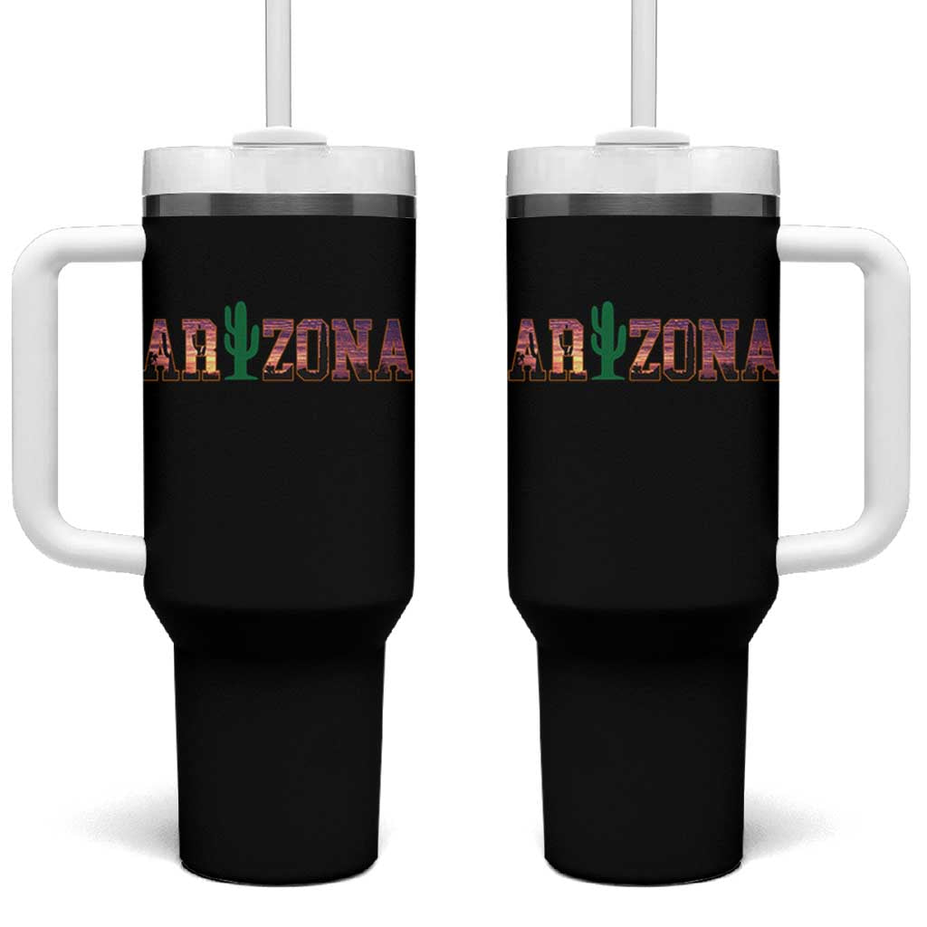Scenic Arizona Sunset Landscape Graphic Tumbler With Handle Southwest Saguaro Cactus Letters Travel Souvenir