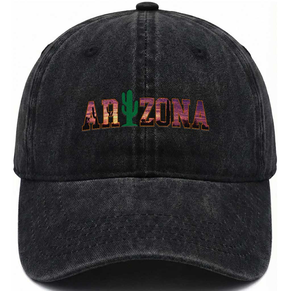 Scenic Arizona Sunset Landscape Graphic Washed Cotton Baseball Cap Southwest Saguaro Cactus Letters Travel Souvenir