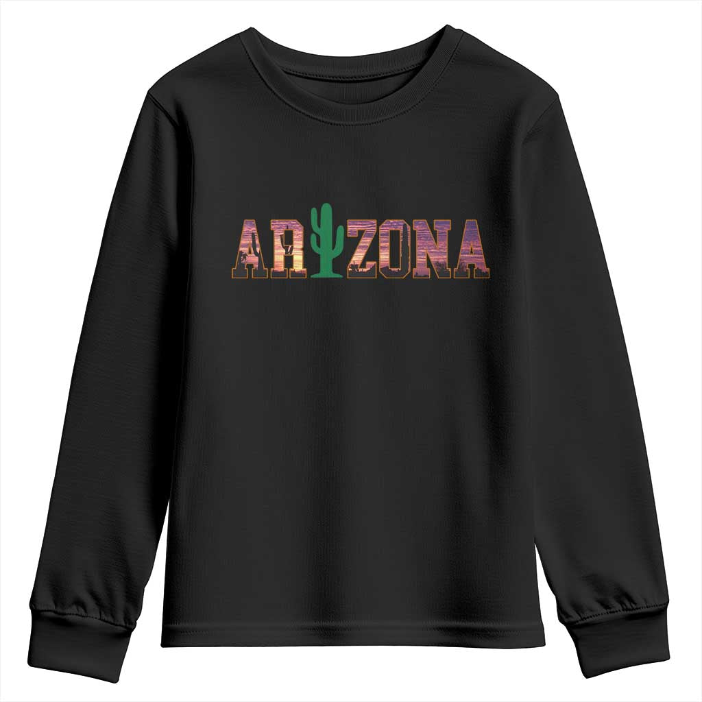 Scenic Arizona Sunset Landscape Graphic Youth Sweatshirt Southwest Saguaro Cactus Letters Travel Souvenir