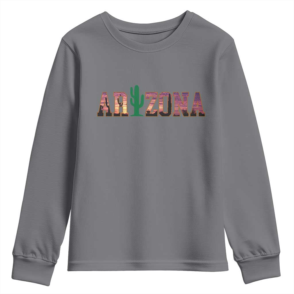 Scenic Arizona Sunset Landscape Graphic Youth Sweatshirt Southwest Saguaro Cactus Letters Travel Souvenir