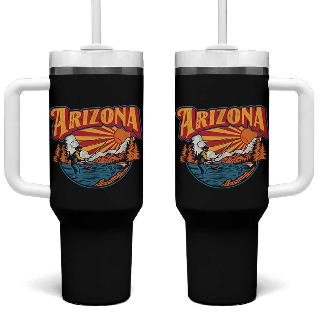 Retro Arizona Fly Fishing River Graphic Tumbler With Handle Vintage Angler Outdoor Mountain Adventure Souvenir