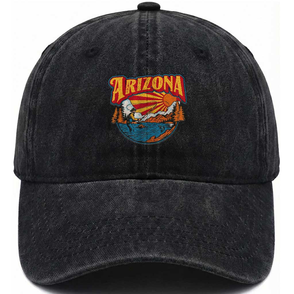 Retro Arizona Fly Fishing River Graphic Washed Cotton Baseball Cap Vintage Angler Outdoor Mountain Adventure Souvenir