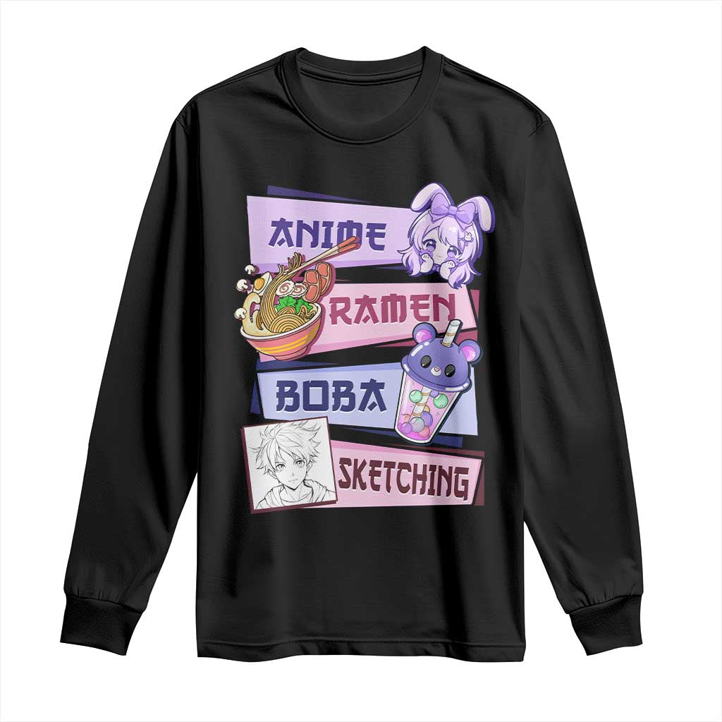 Anime Ramen Boba Sketching Long Sleeve Shirt Kawaii Girl Bubble Tea Otaku Manga Lover Japanese Pop Culture