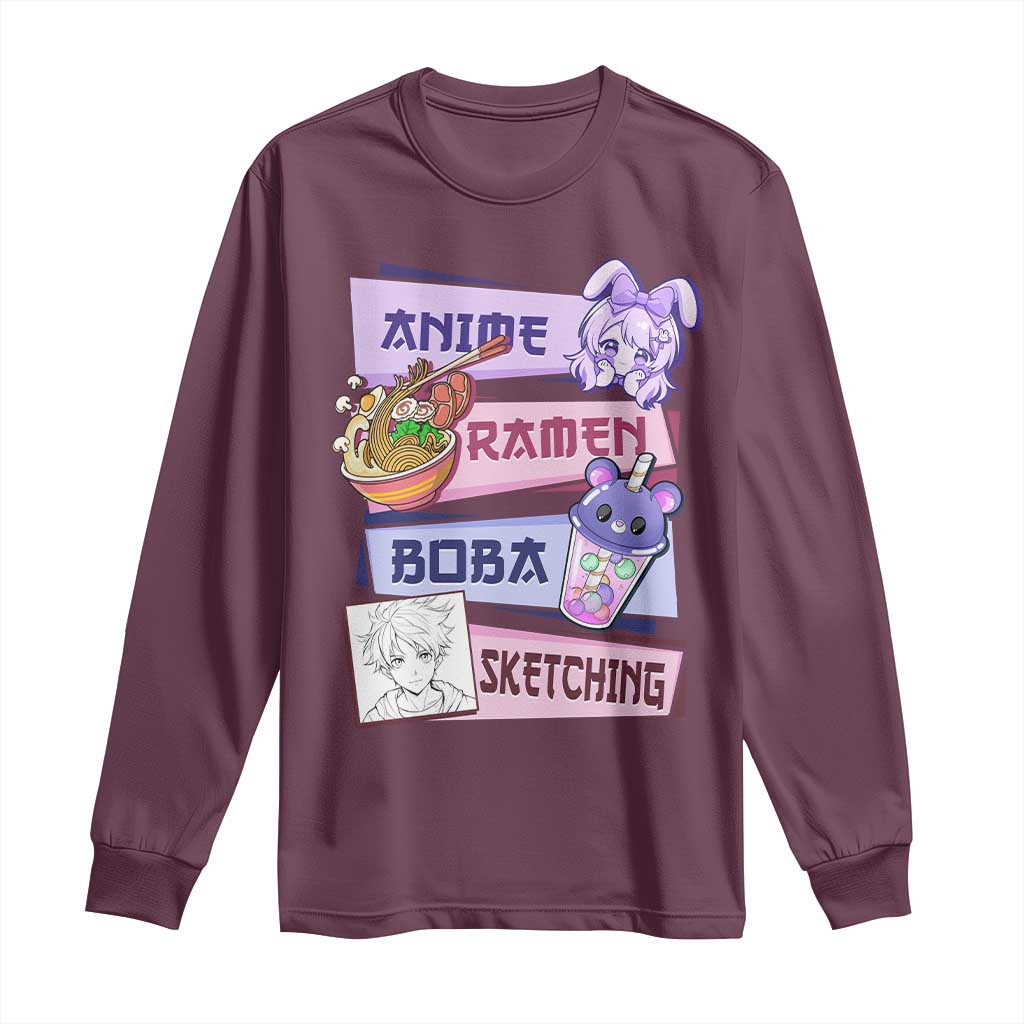 Anime Ramen Boba Sketching Long Sleeve Shirt Kawaii Girl Bubble Tea Otaku Manga Lover Japanese Pop Culture