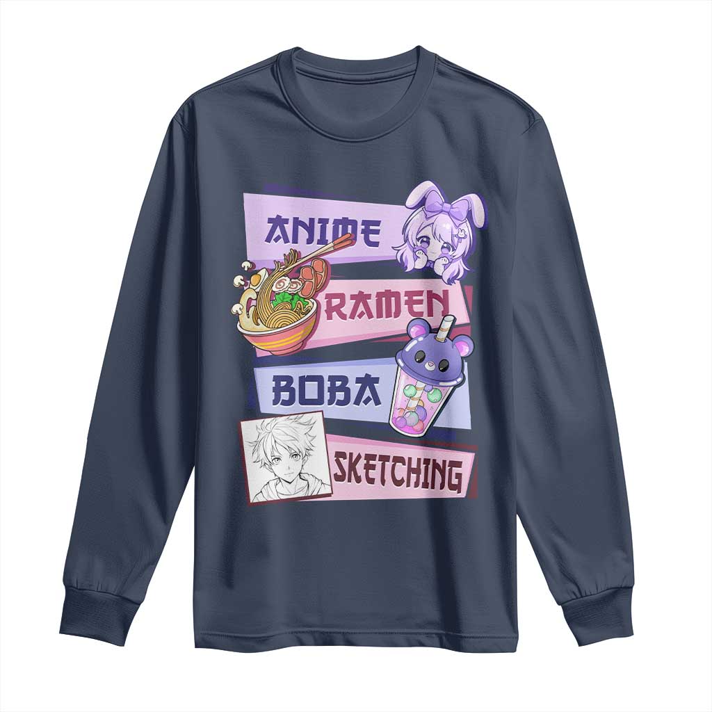 Anime Ramen Boba Sketching Long Sleeve Shirt Kawaii Girl Bubble Tea Otaku Manga Lover Japanese Pop Culture