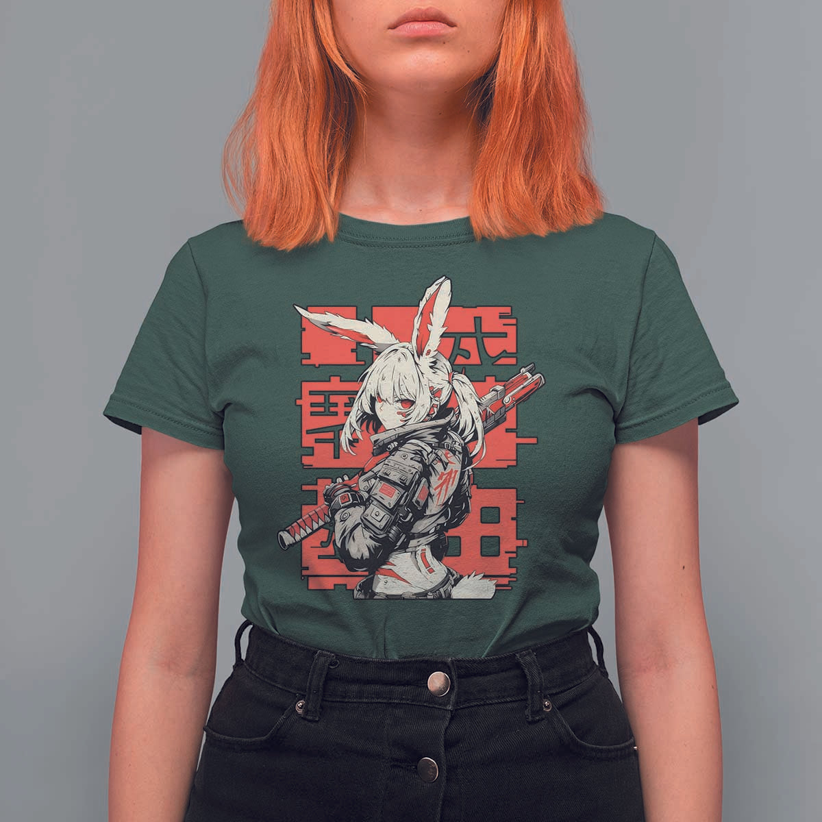 Anime Manga Cyberpunk T Shirt For Women Techwear Harajuku Style Bunny Girl - Wonder Print Shop