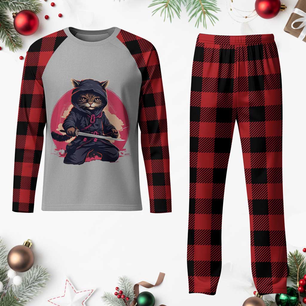 Japanese Ninja Cat Plaid Pajama Set Ancient Japan Warrior Samurai Tattoo Kawaii Vintage - Wonder Print Shop