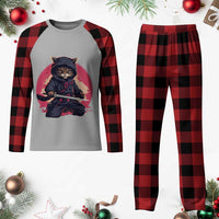 Japanese Ninja Cat Plaid Pajama Set Ancient Japan Warrior Samurai Tattoo Kawaii Vintage - Wonder Print Shop