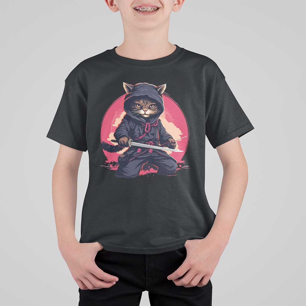 Japanese Ninja Cat T Shirt For Kid Ancient Japan Warrior Samurai Tattoo Kawaii Vintage - Wonder Print Shop