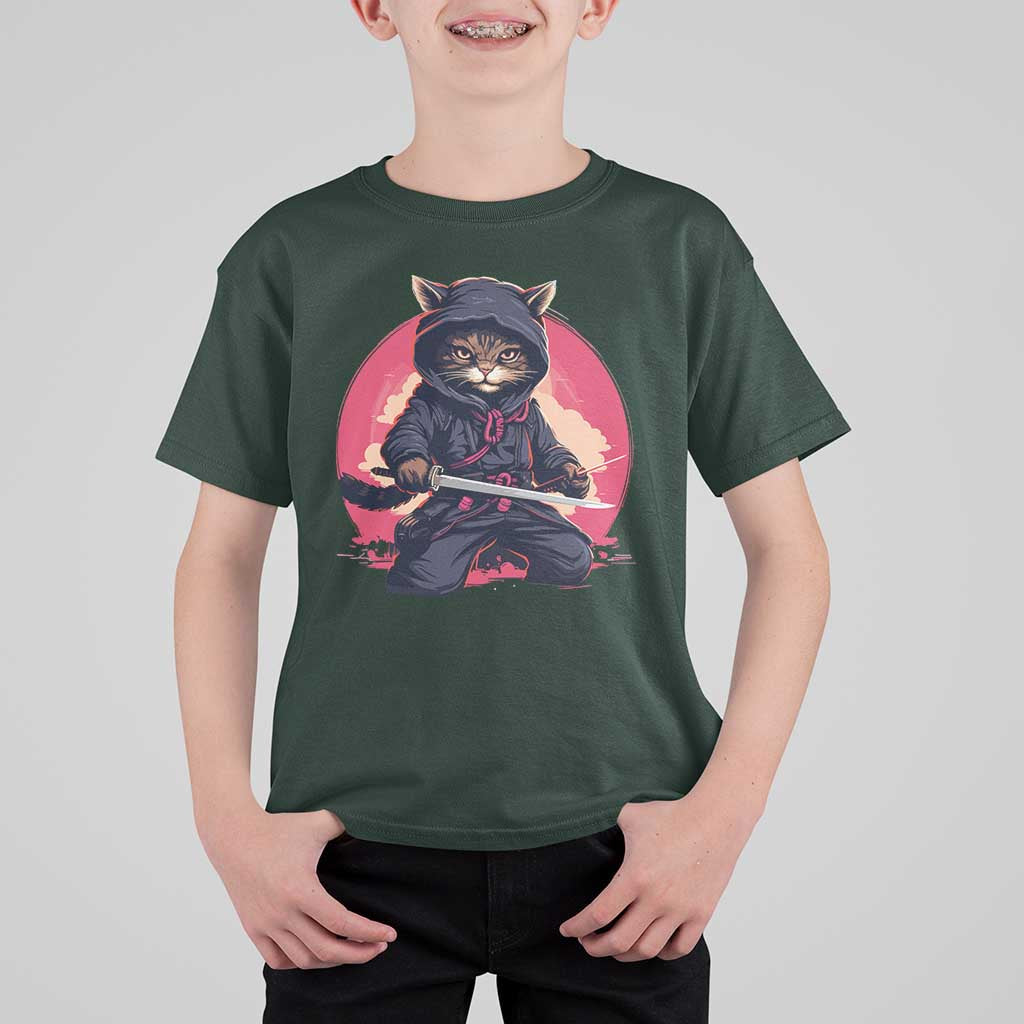 Japanese Ninja Cat T Shirt For Kid Ancient Japan Warrior Samurai Tattoo Kawaii Vintage - Wonder Print Shop