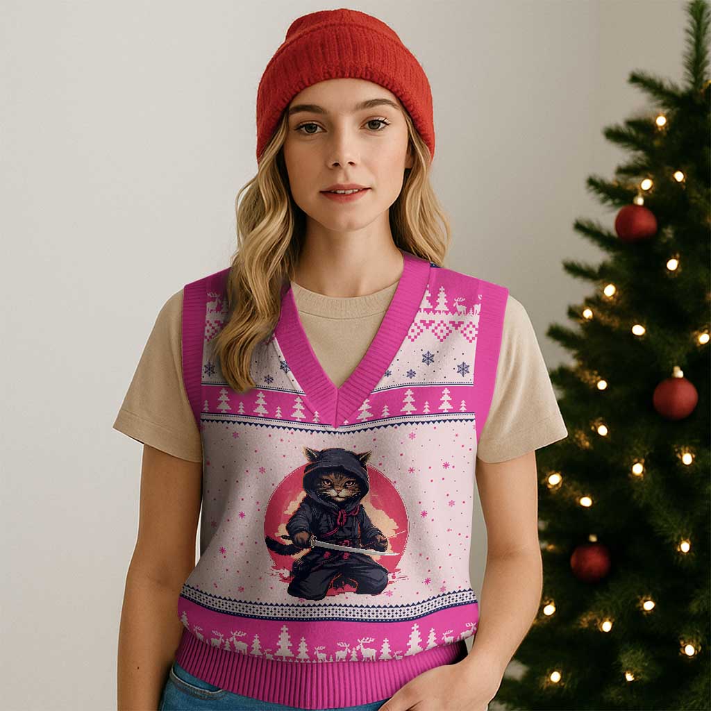 Japanese Ninja Cat V-Neck Knit Sweater Vest Ancient Japan Warrior Samurai Tattoo Kawaii Vintage - Wonder Print Shop