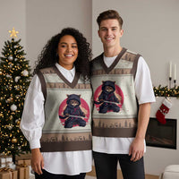 Japanese Ninja Cat V-Neck Knit Sweater Vest Ancient Japan Warrior Samurai Tattoo Kawaii Vintage - Wonder Print Shop