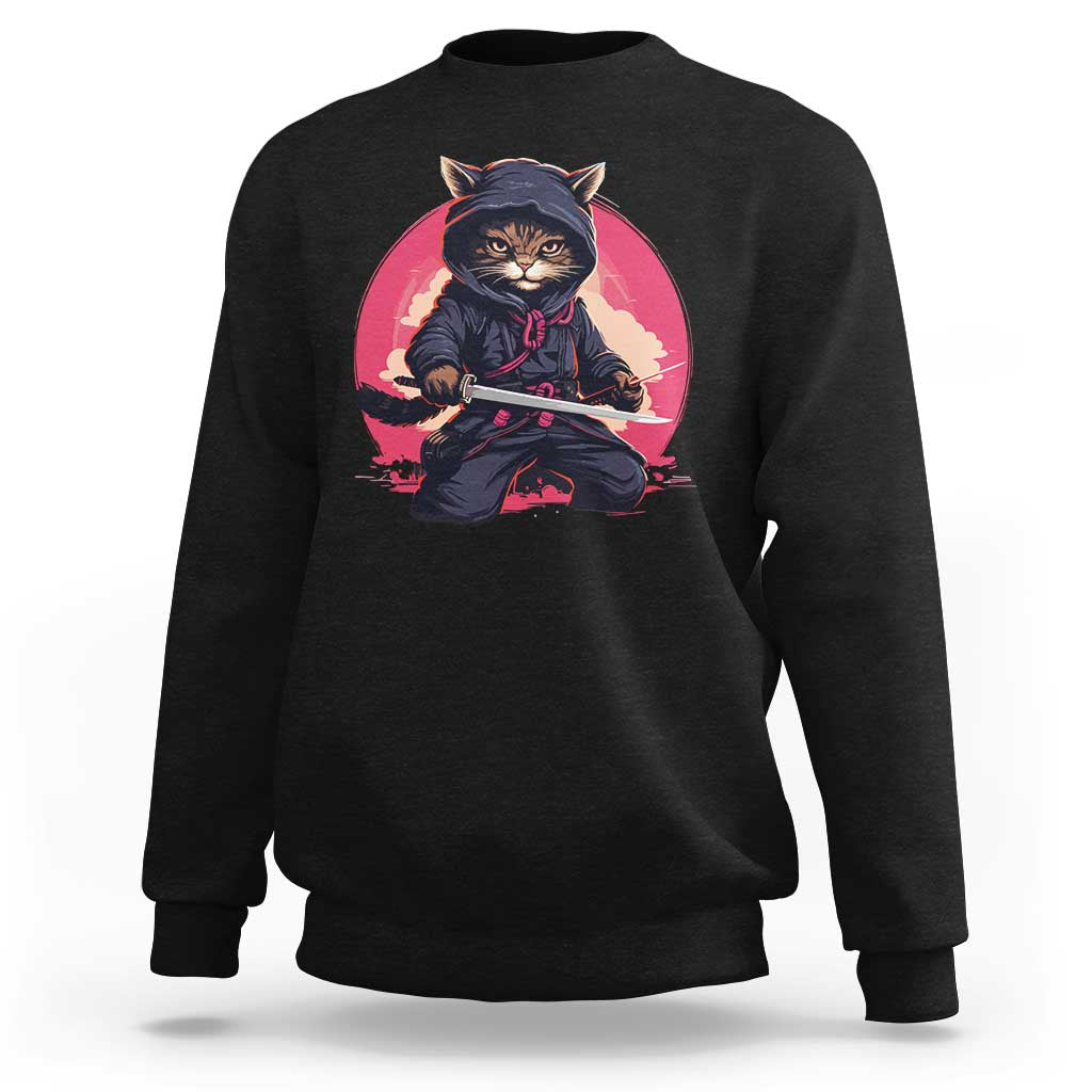 Japanese Ninja Cat Sweatshirt Ancient Japan Warrior Samurai Tattoo Kawaii Vintage - Wonder Print Shop