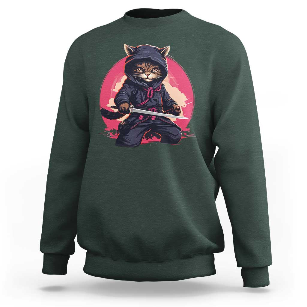 Japanese Ninja Cat Sweatshirt Ancient Japan Warrior Samurai Tattoo Kawaii Vintage - Wonder Print Shop