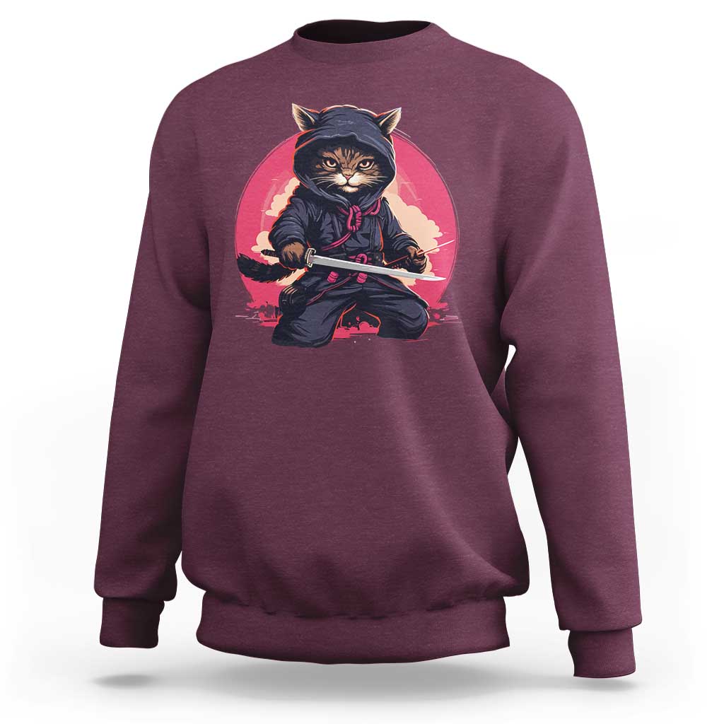 Japanese Ninja Cat Sweatshirt Ancient Japan Warrior Samurai Tattoo Kawaii Vintage - Wonder Print Shop