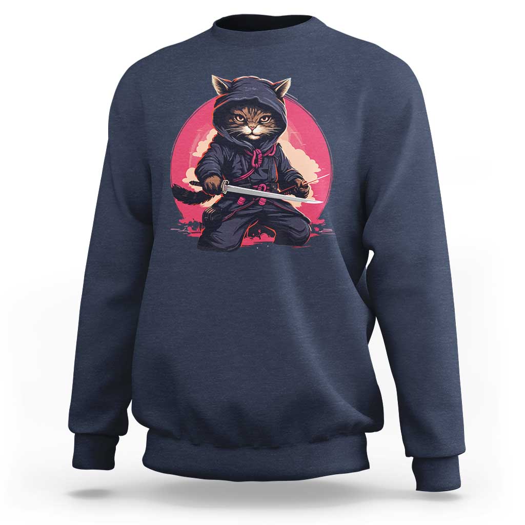 Japanese Ninja Cat Sweatshirt Ancient Japan Warrior Samurai Tattoo Kawaii Vintage - Wonder Print Shop