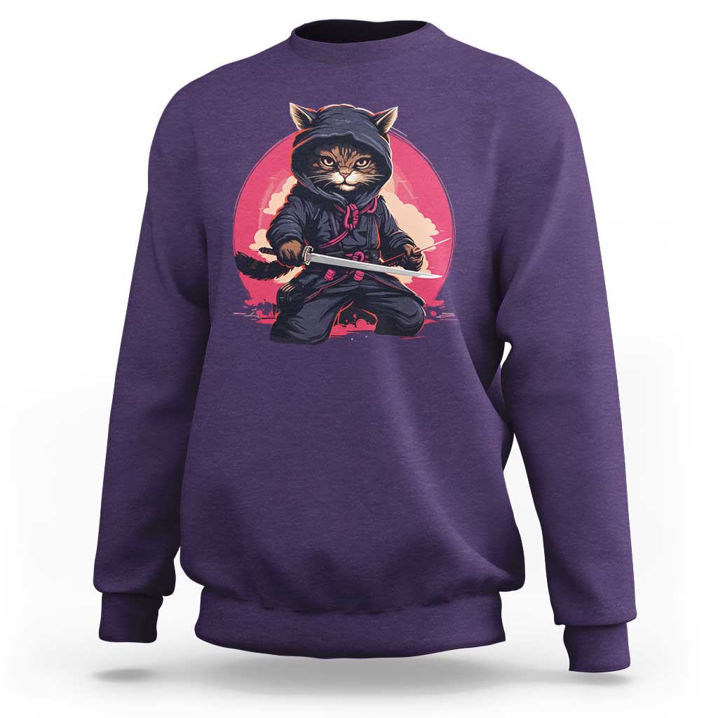 Japanese Ninja Cat Sweatshirt Ancient Japan Warrior Samurai Tattoo Kawaii Vintage - Wonder Print Shop