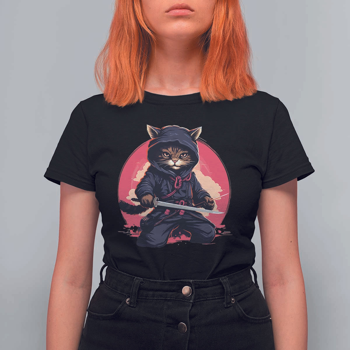 Japanese Ninja Cat T Shirt For Women Ancient Japan Warrior Samurai Tattoo Kawaii Vintage - Wonder Print Shop