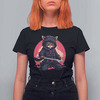 Japanese Ninja Cat T Shirt For Women Ancient Japan Warrior Samurai Tattoo Kawaii Vintage - Wonder Print Shop