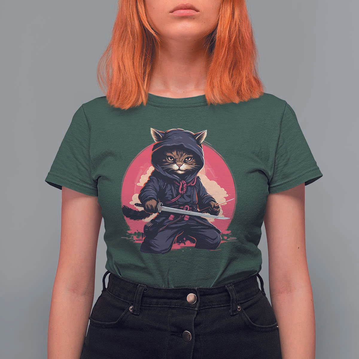 Japanese Ninja Cat T Shirt For Women Ancient Japan Warrior Samurai Tattoo Kawaii Vintage - Wonder Print Shop