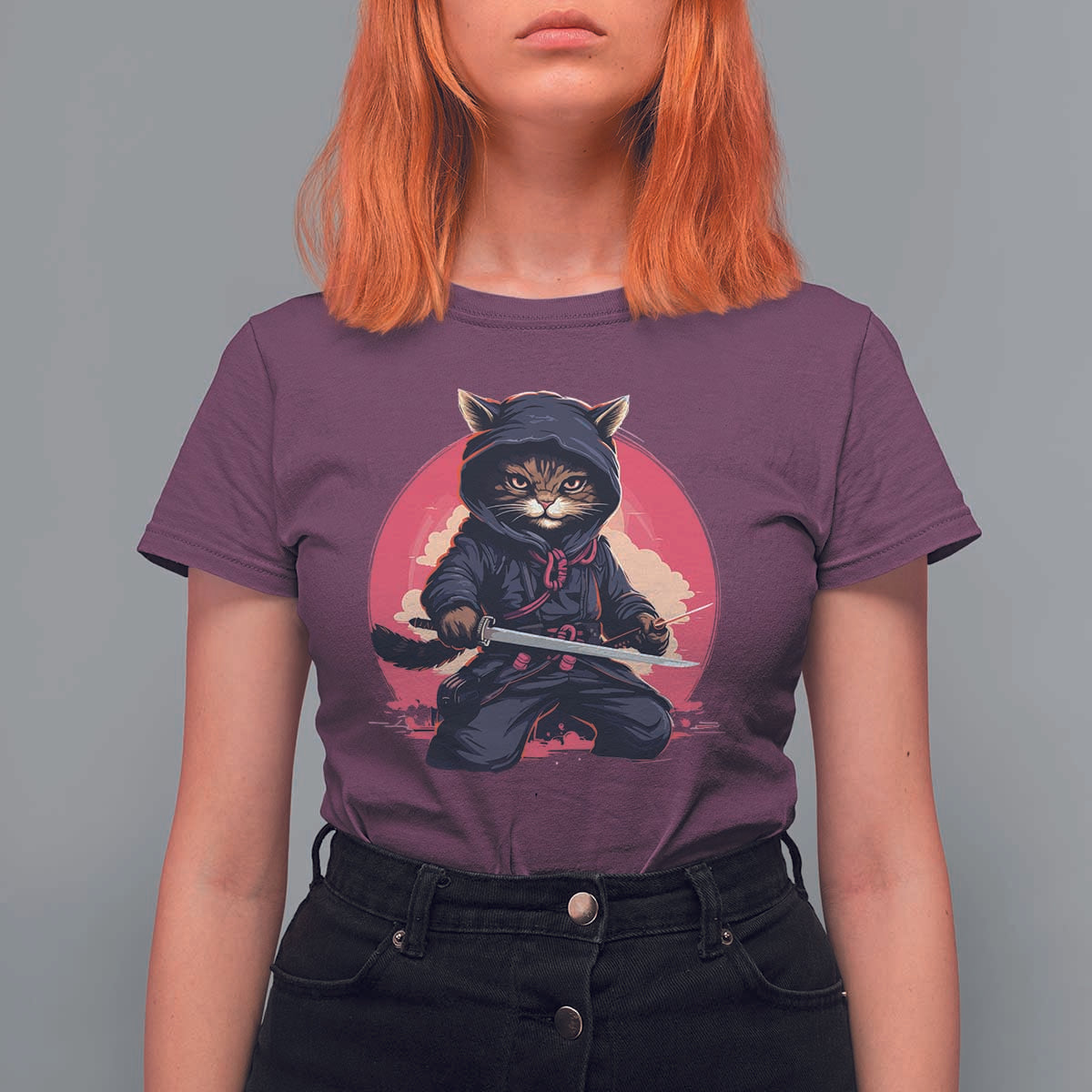 Japanese Ninja Cat T Shirt For Women Ancient Japan Warrior Samurai Tattoo Kawaii Vintage - Wonder Print Shop