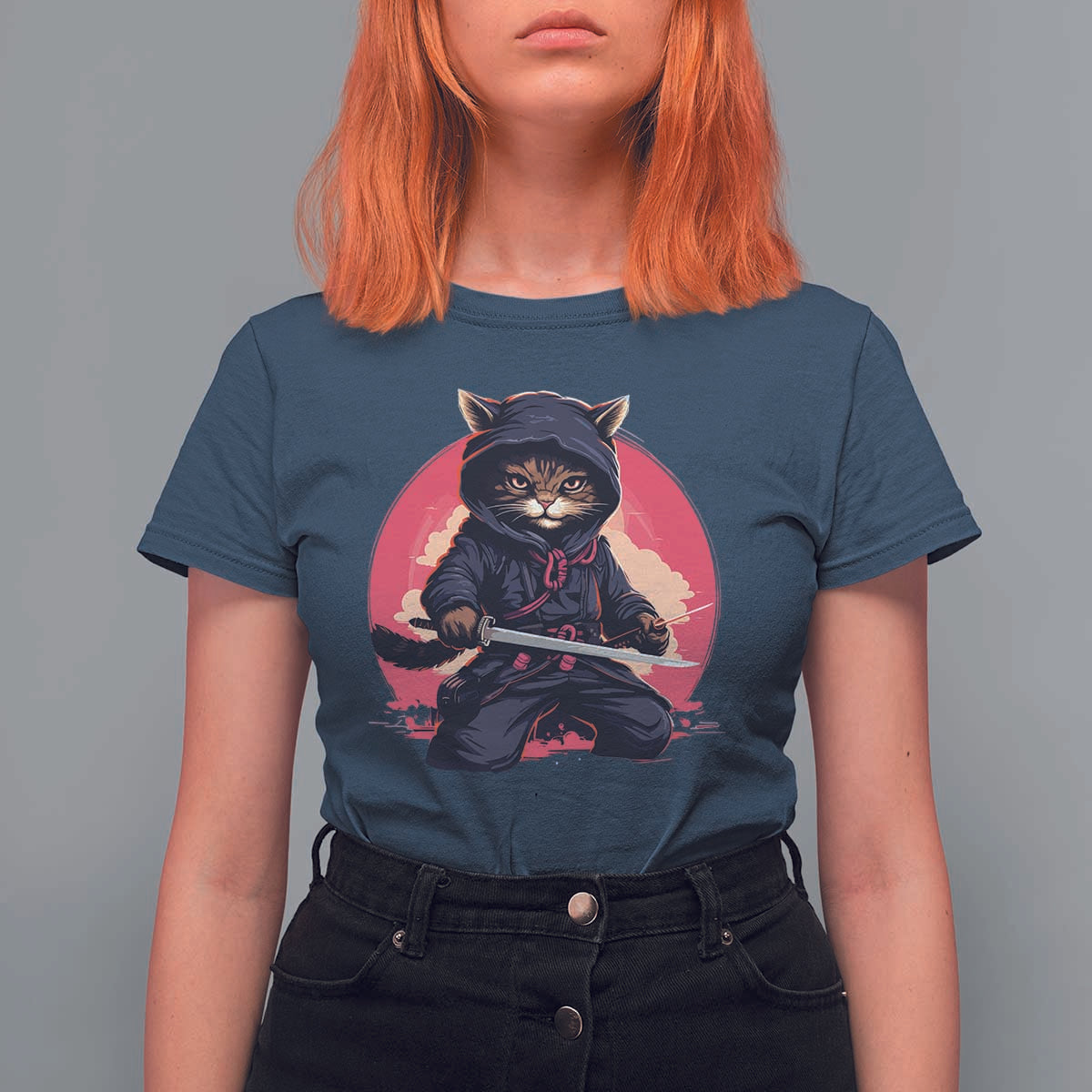 Japanese Ninja Cat T Shirt For Women Ancient Japan Warrior Samurai Tattoo Kawaii Vintage - Wonder Print Shop