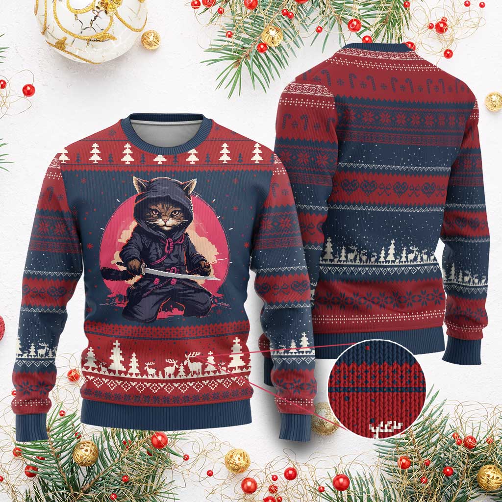 Japanese Ninja Cat Ugly Christmas Sweater Ancient Japan Warrior Samurai Tattoo Kawaii Vintage - Wonder Print Shop