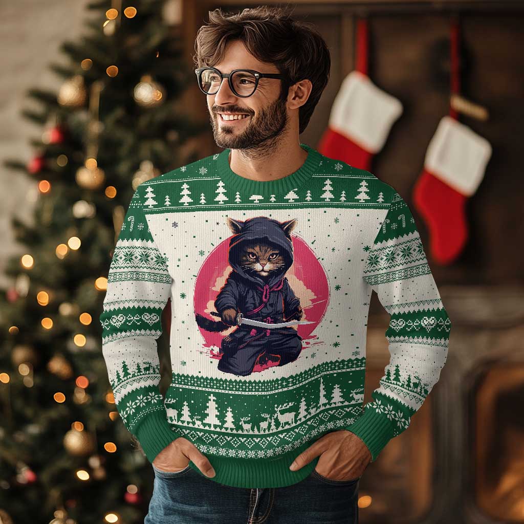 Japanese Ninja Cat Ugly Christmas Sweater Ancient Japan Warrior Samurai Tattoo Kawaii Vintage - Wonder Print Shop