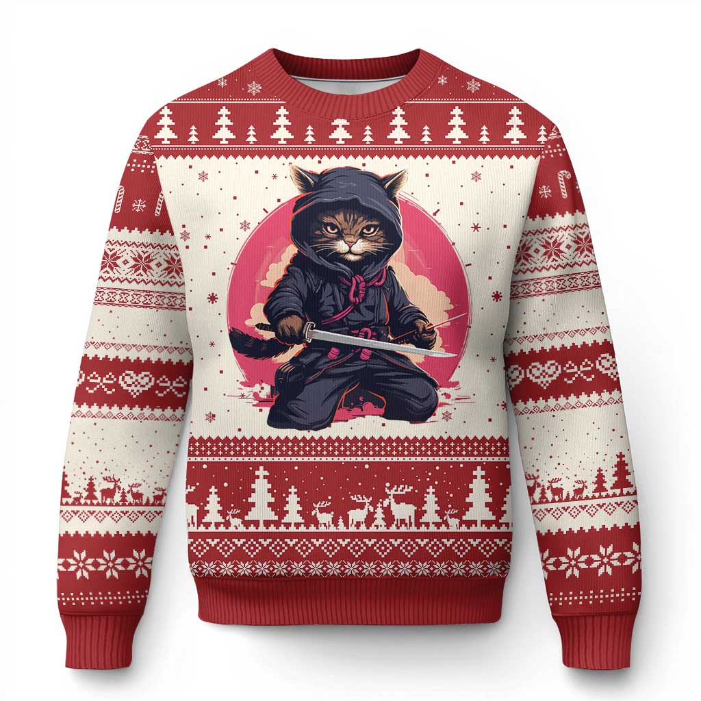 Japanese Ninja Cat Ugly Christmas Sweater Ancient Japan Warrior Samurai Tattoo Kawaii Vintage - Wonder Print Shop