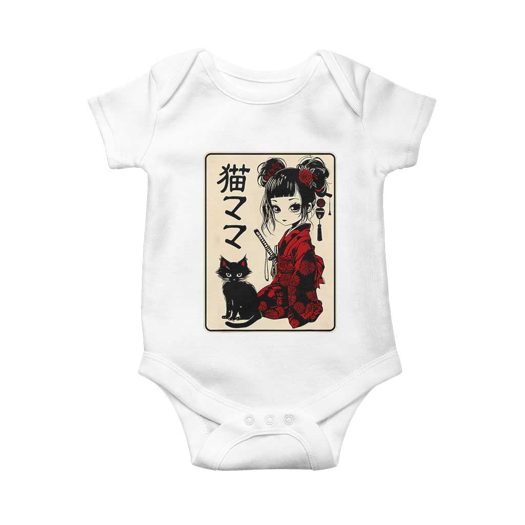 Japanese Gothic Kawaii Anime Samurai Cat Baby Onesie Japan Female Bushido Graphic With Kanji Retro Vintage