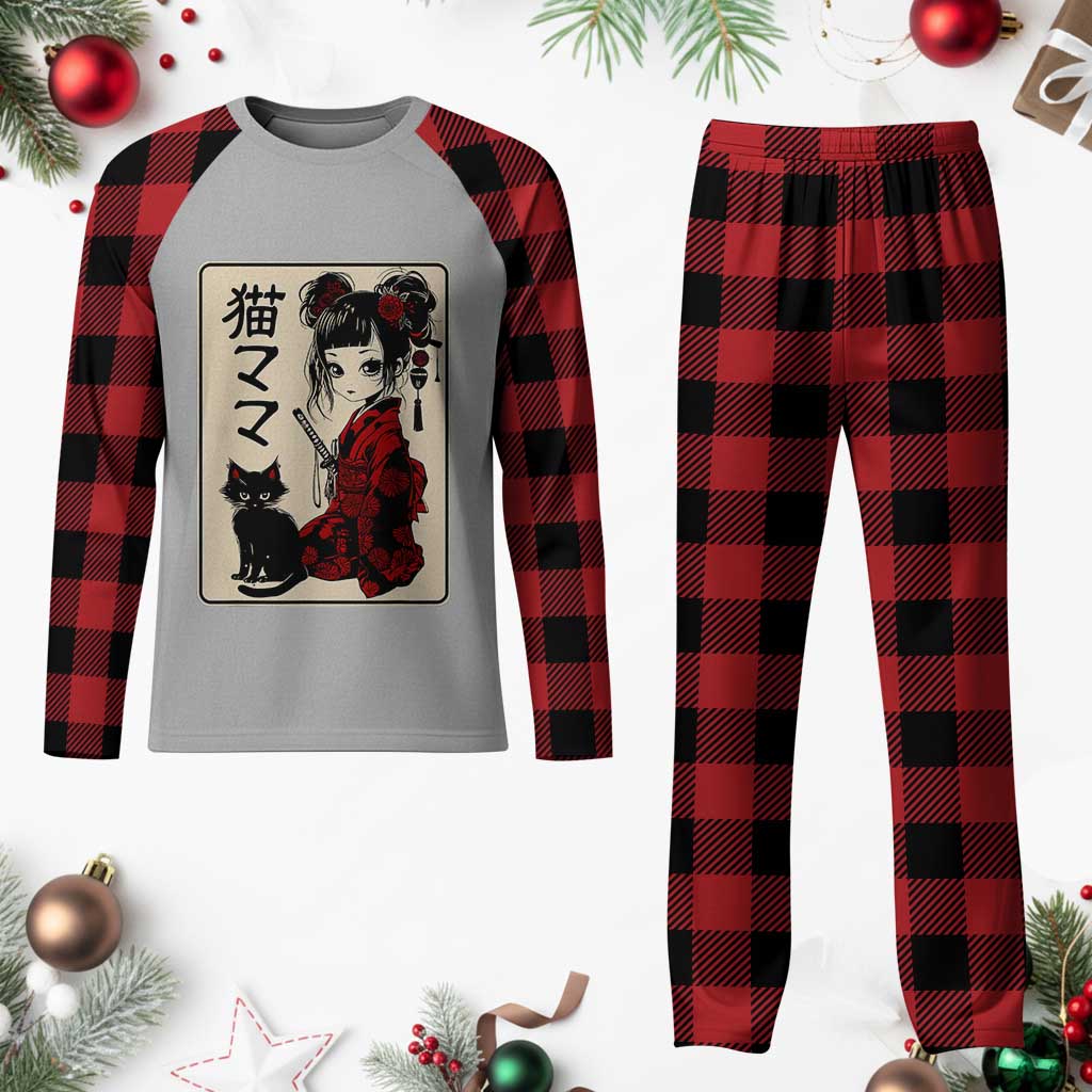 Japanese Gothic Kawaii Anime Samurai Cat Plaid Pajama Set Japan Female Bushido Graphic With Kanji Retro Vintage - Wonder Print Shop
