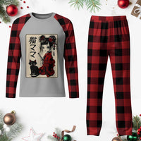 Japanese Gothic Kawaii Anime Samurai Cat Plaid Pajama Set Japan Female Bushido Graphic With Kanji Retro Vintage - Wonder Print Shop