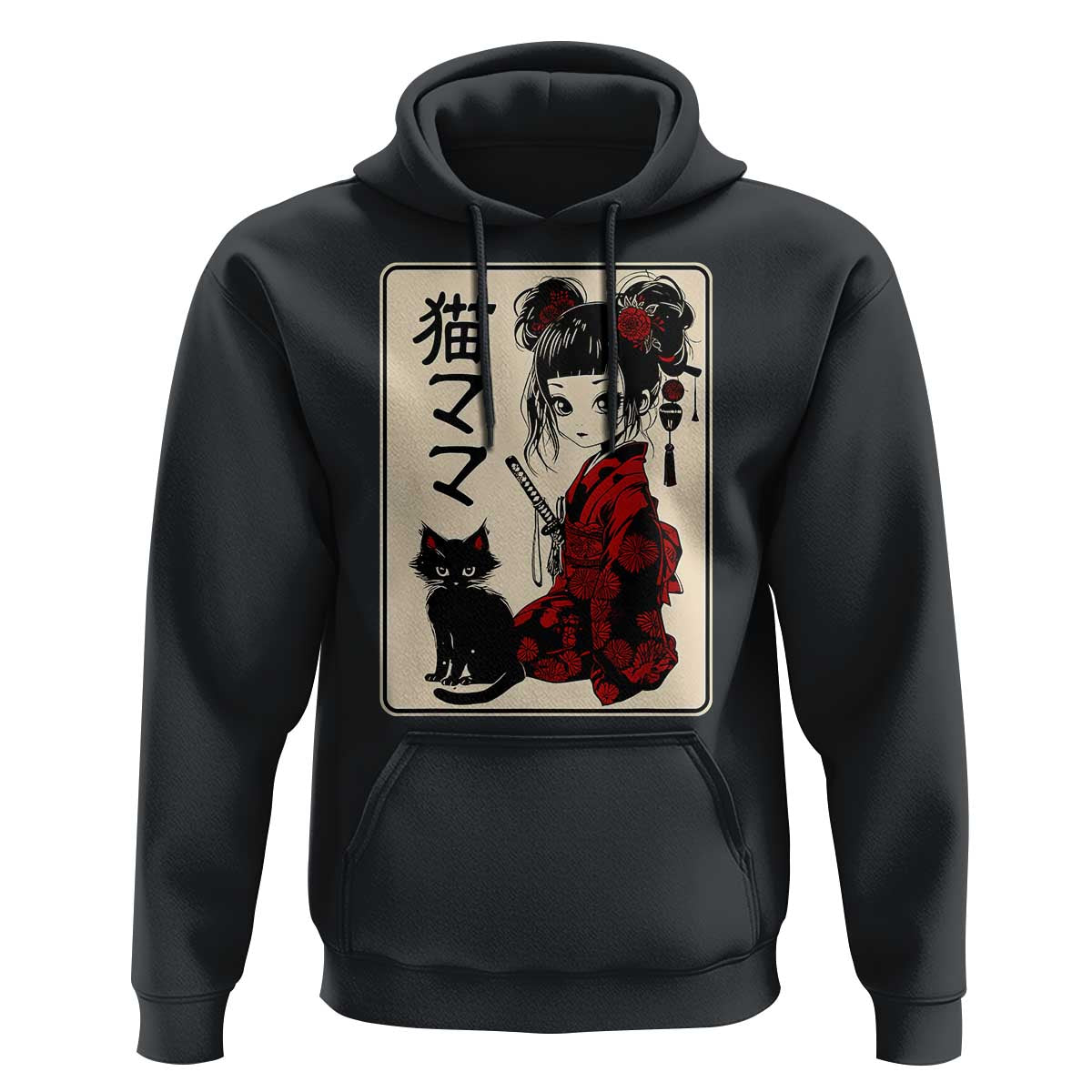 Japanese Gothic Kawaii Anime Samurai Cat Hoodie Japan Female Bushido Graphic With Kanji Retro Vintage