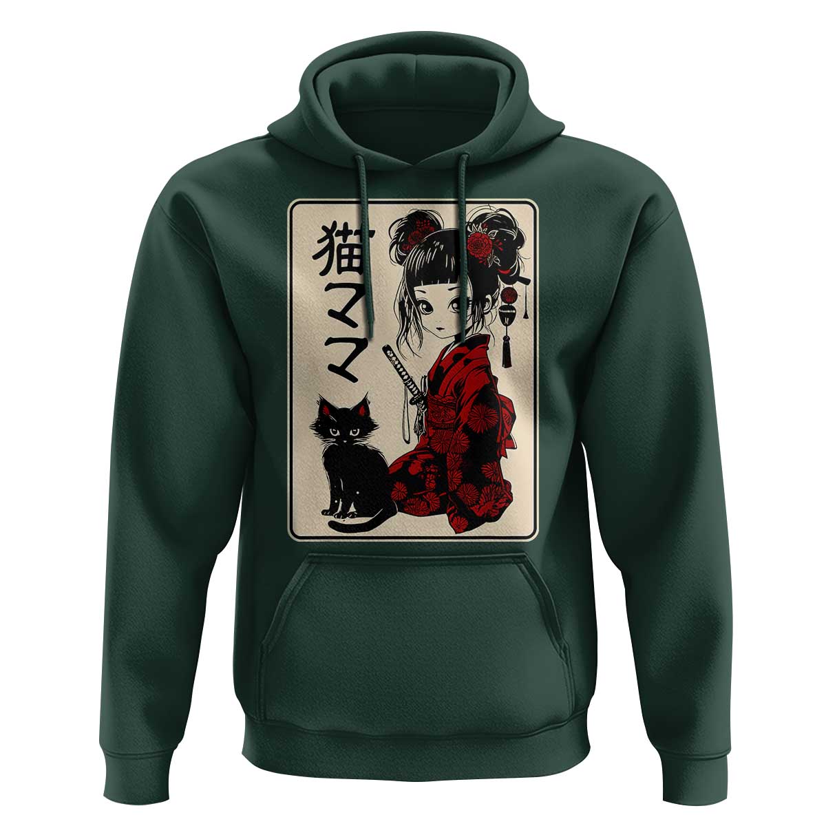 Japanese Gothic Kawaii Anime Samurai Cat Hoodie Japan Female Bushido Graphic With Kanji Retro Vintage