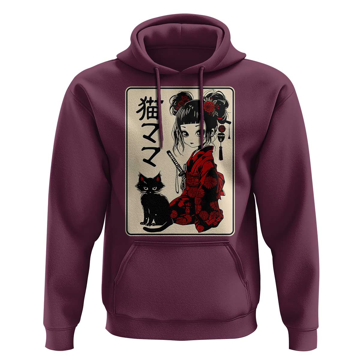 Japanese Gothic Kawaii Anime Samurai Cat Hoodie Japan Female Bushido Graphic With Kanji Retro Vintage