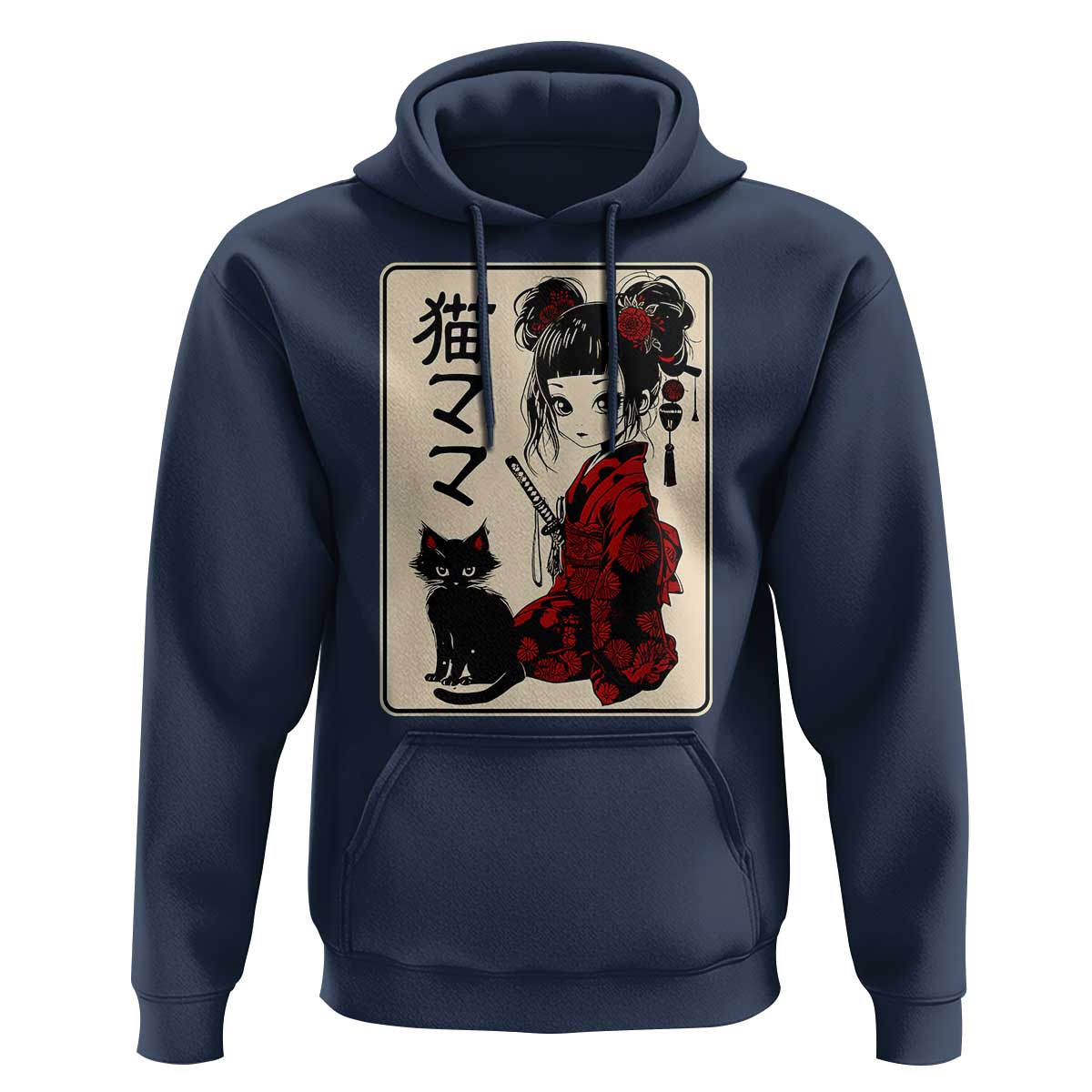 Japanese Gothic Kawaii Anime Samurai Cat Hoodie Japan Female Bushido Graphic With Kanji Retro Vintage