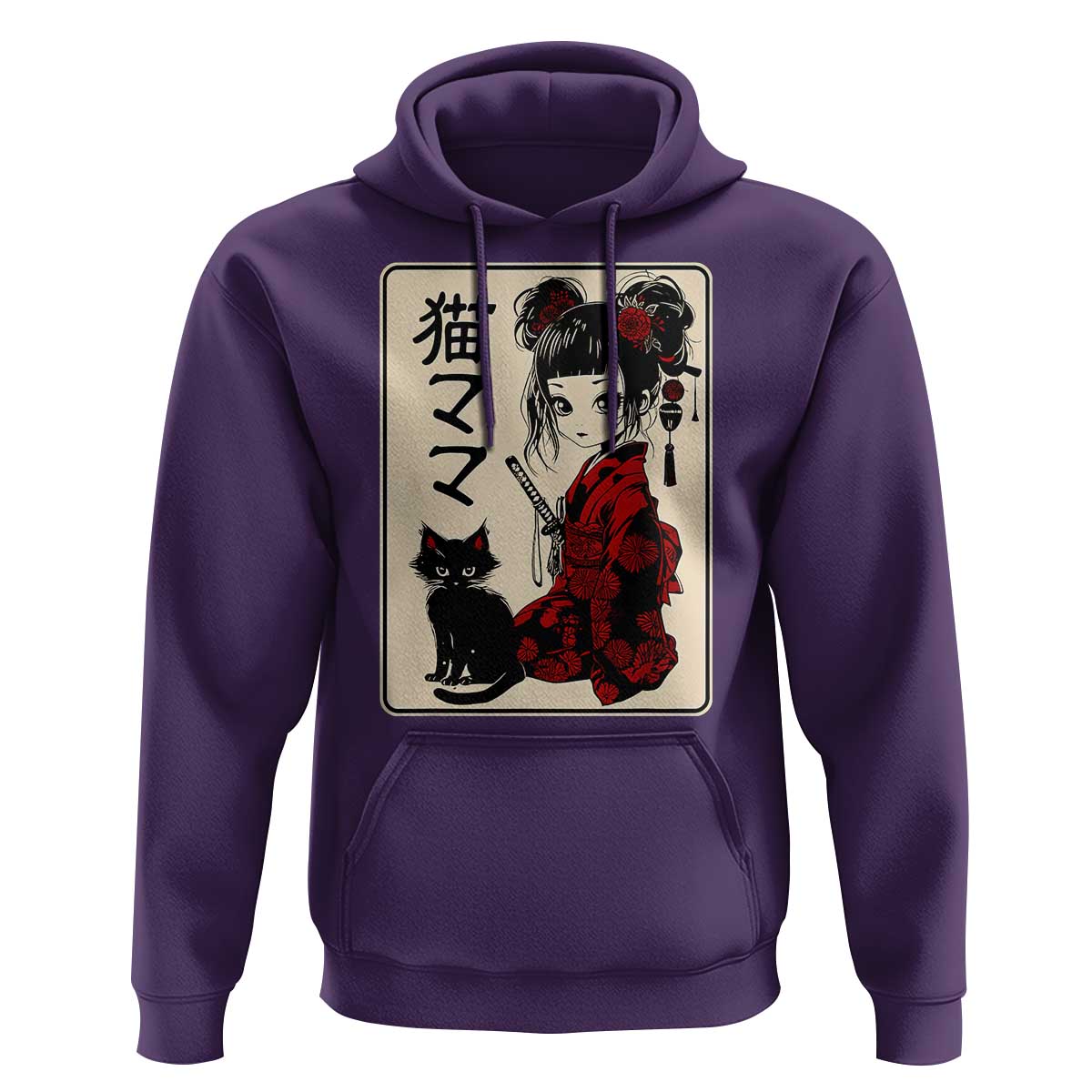 Japanese Gothic Kawaii Anime Samurai Cat Hoodie Japan Female Bushido Graphic With Kanji Retro Vintage