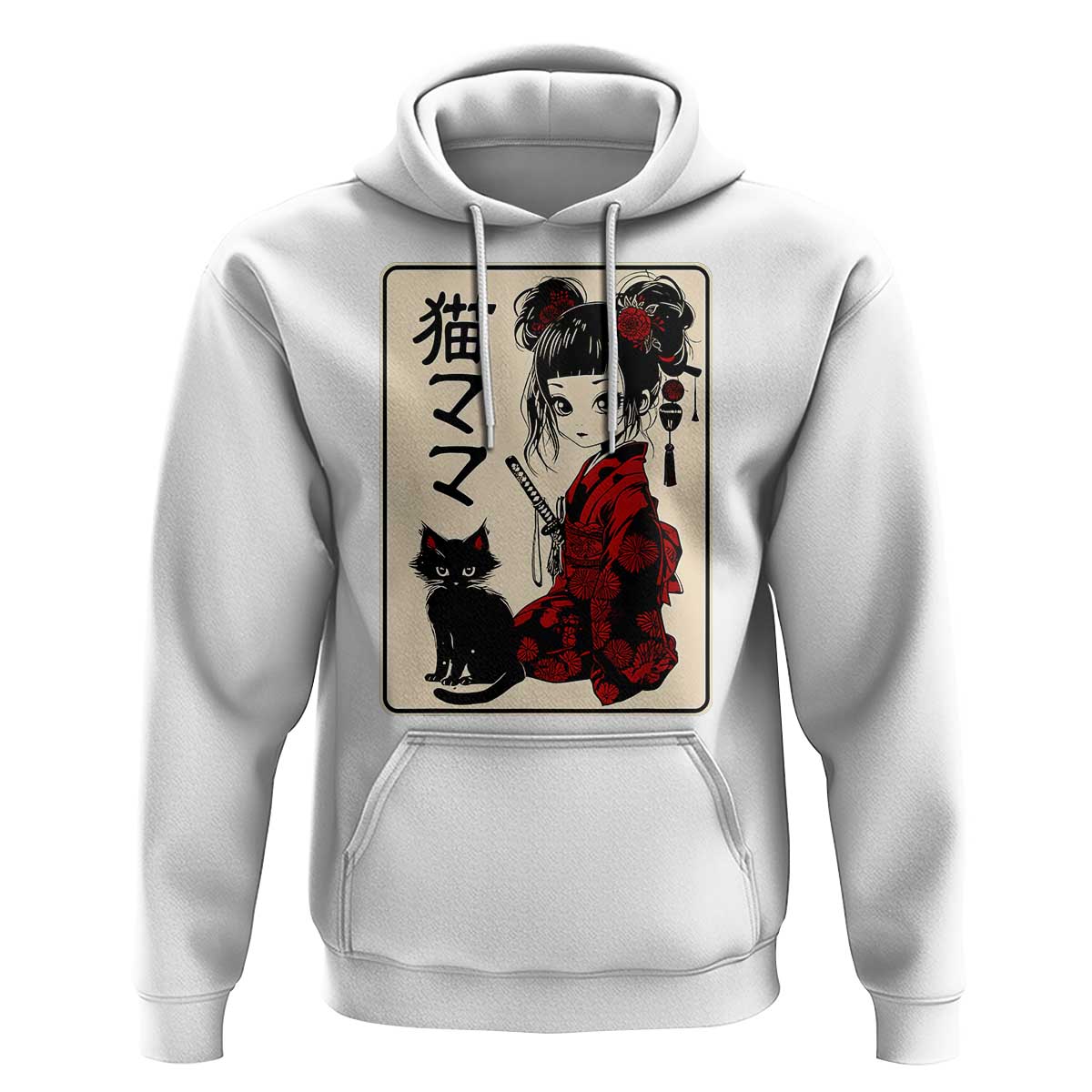 Japanese Gothic Kawaii Anime Samurai Cat Hoodie Japan Female Bushido Graphic With Kanji Retro Vintage