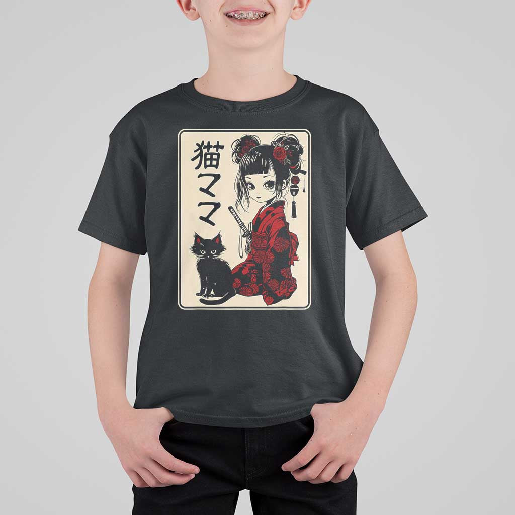 Japanese Gothic Kawaii Anime Samurai Cat T Shirt For Kid Japan Female Bushido Graphic With Kanji Retro Vintage - Wonder Print Shop