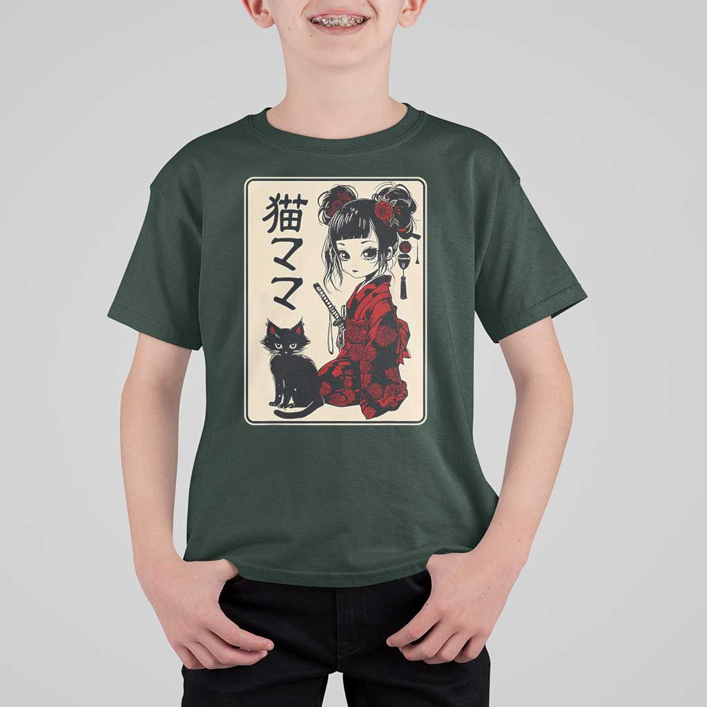 Japanese Gothic Kawaii Anime Samurai Cat T Shirt For Kid Japan Female Bushido Graphic With Kanji Retro Vintage - Wonder Print Shop