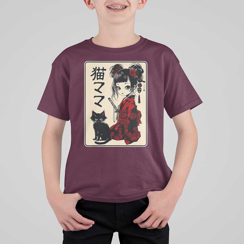 Japanese Gothic Kawaii Anime Samurai Cat T Shirt For Kid Japan Female Bushido Graphic With Kanji Retro Vintage - Wonder Print Shop