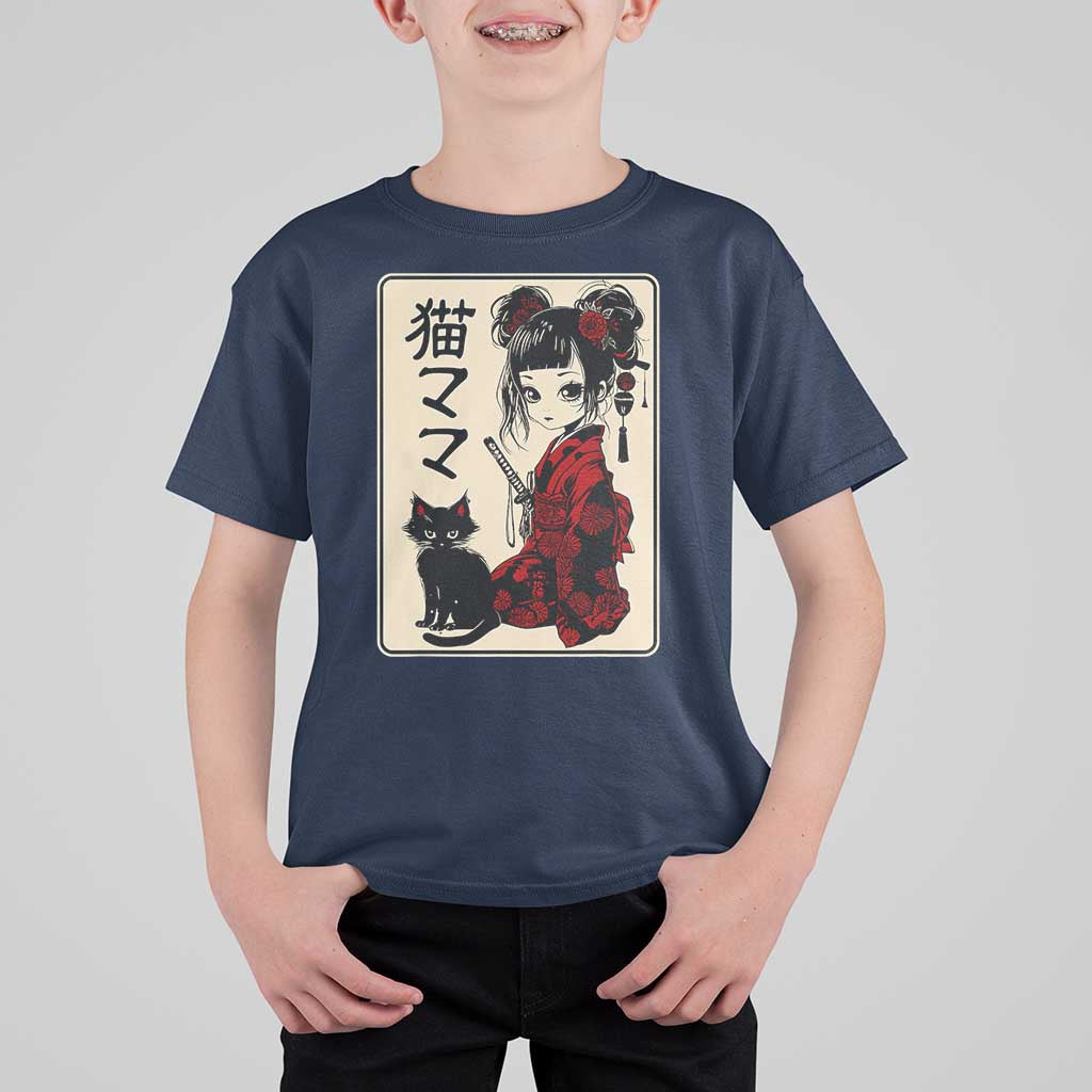 Japanese Gothic Kawaii Anime Samurai Cat T Shirt For Kid Japan Female Bushido Graphic With Kanji Retro Vintage - Wonder Print Shop