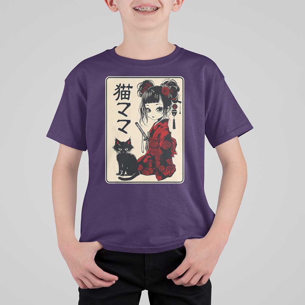 Japanese Gothic Kawaii Anime Samurai Cat T Shirt For Kid Japan Female Bushido Graphic With Kanji Retro Vintage - Wonder Print Shop