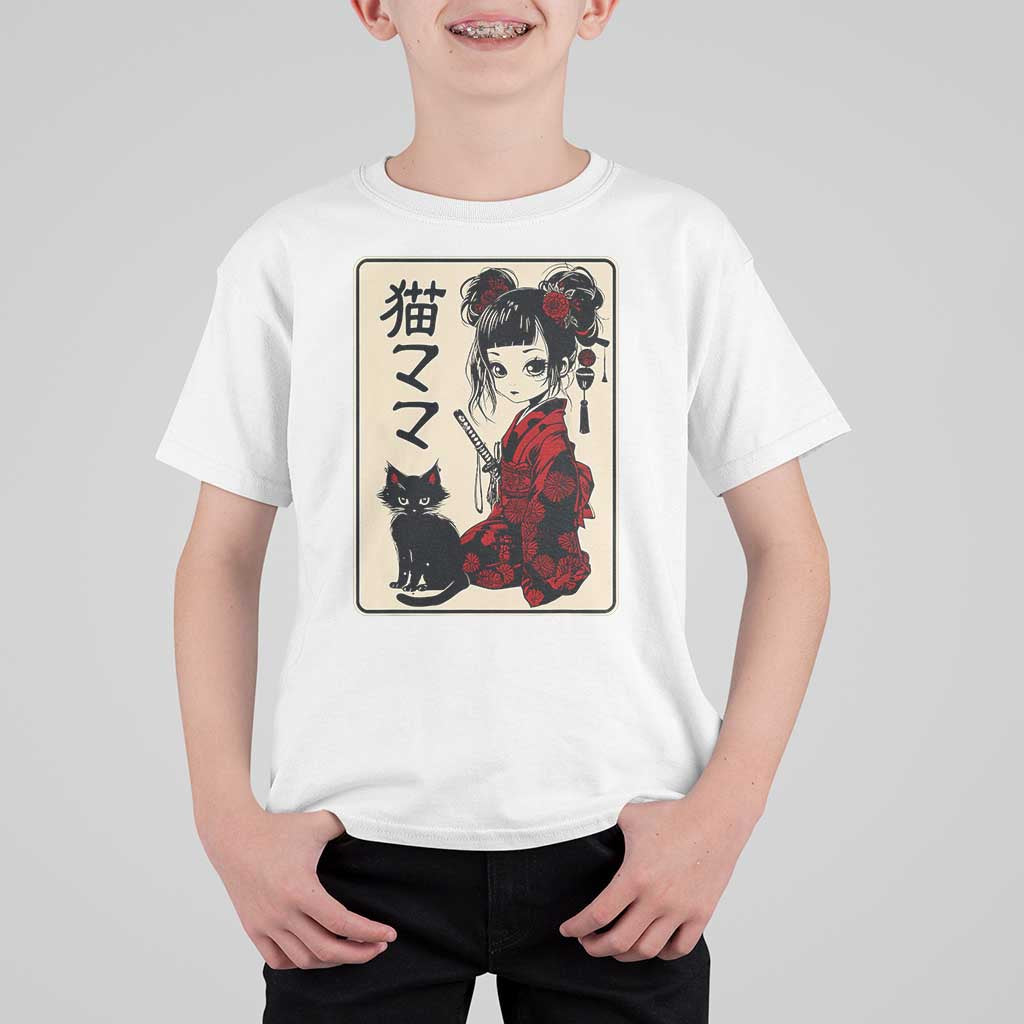 Japanese Gothic Kawaii Anime Samurai Cat T Shirt For Kid Japan Female Bushido Graphic With Kanji Retro Vintage - Wonder Print Shop