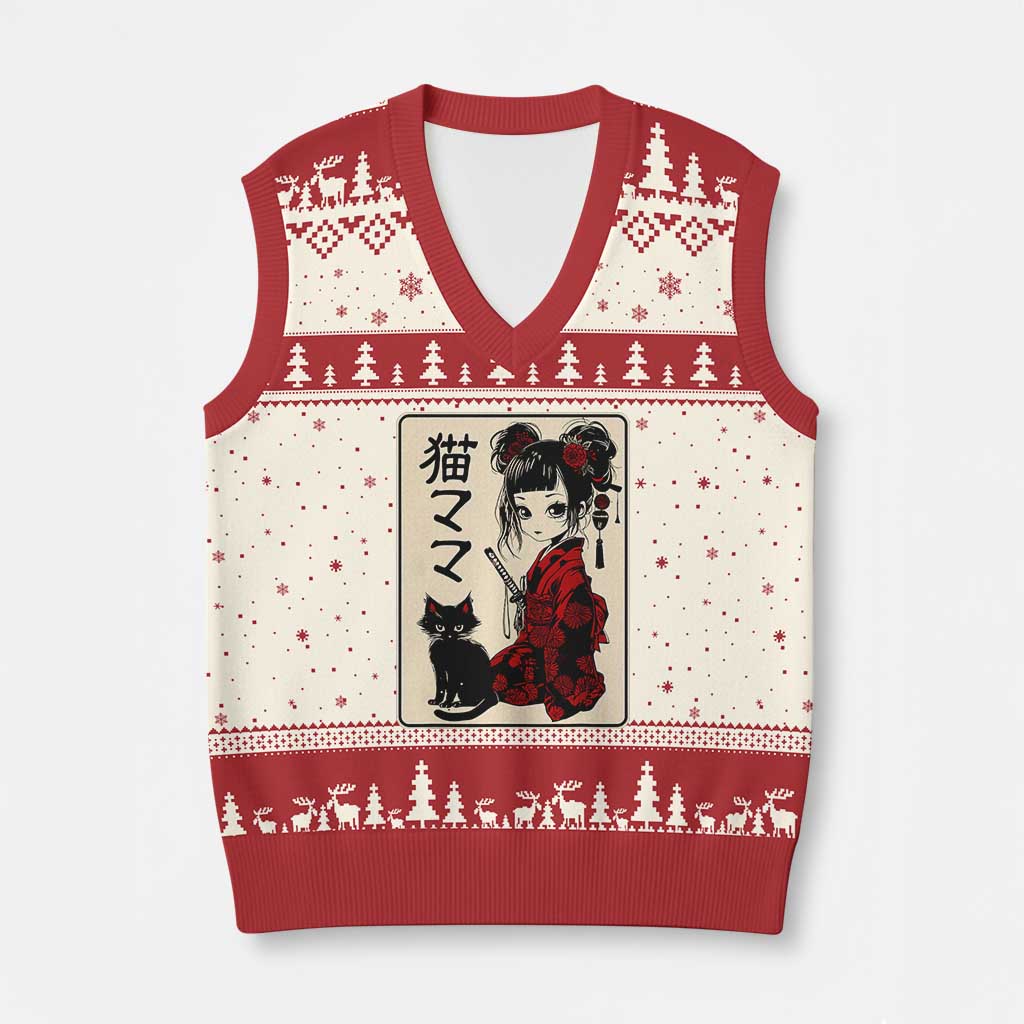 Japanese Gothic Kawaii Anime Samurai Cat V-Neck Knit Sweater Vest Japan Female Bushido Graphic With Kanji Retro Vintage - Wonder Print Shop