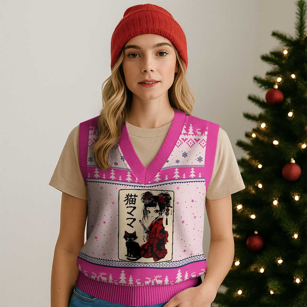 Japanese Gothic Kawaii Anime Samurai Cat V-Neck Knit Sweater Vest Japan Female Bushido Graphic With Kanji Retro Vintage - Wonder Print Shop