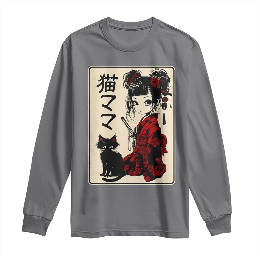 Japanese Gothic Kawaii Anime Samurai Cat Long Sleeve Shirt Japan Female Bushido Graphic With Kanji Retro Vintage